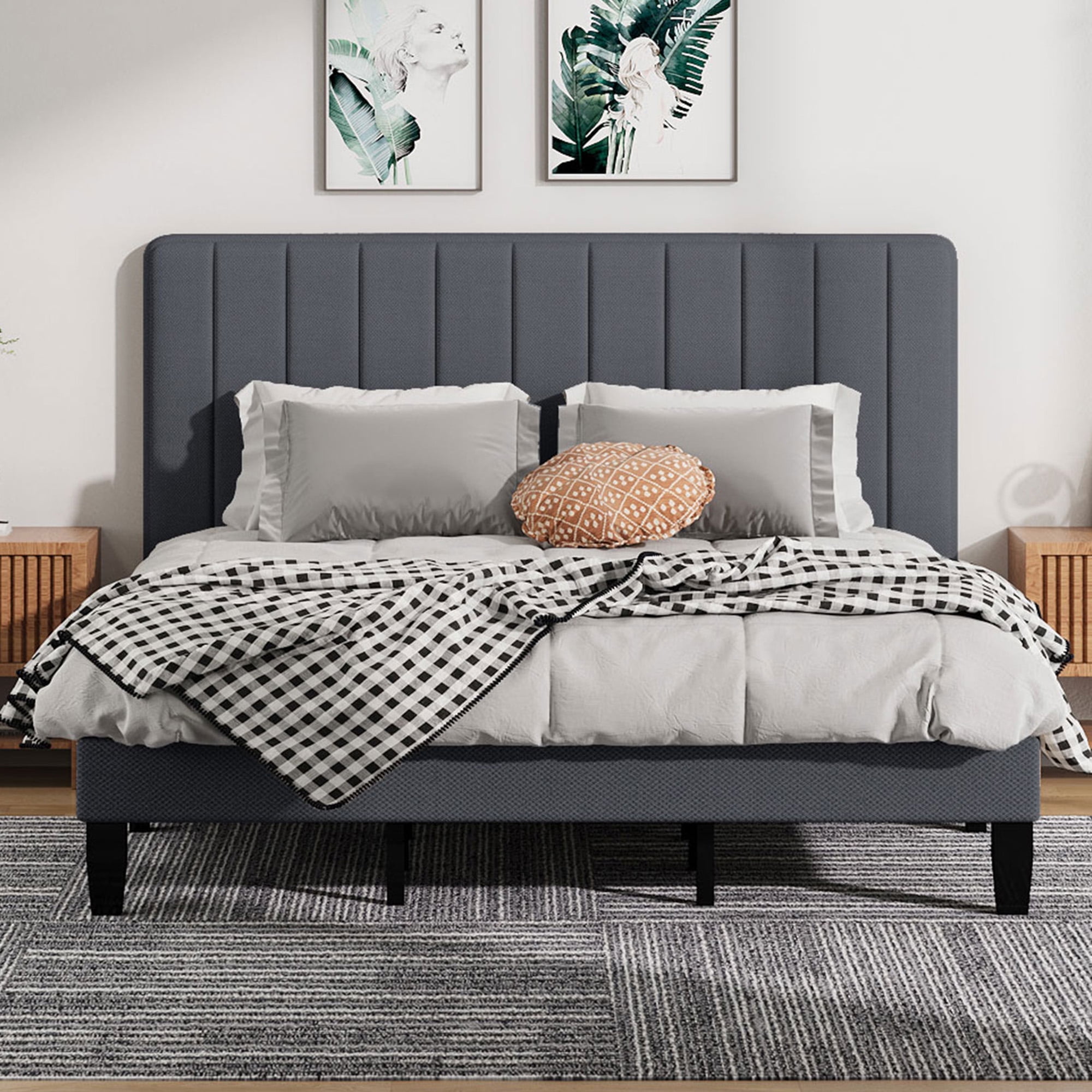 Jarenie King Size Bed Frame with Fabric Upholstered Platform Bed and Wooden Slats Support, Adjustable Height Headboard/No Box Spring Needed/Easy Assembly/Mattress Foundation