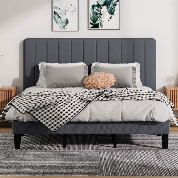 Jarenie King Size Bed Frame with Fabric Upholstered Platform Bed and Wooden Slats Support, Adjustable Height Headboard/No Box Spring Needed/Easy Assembly/Mattress Foundation