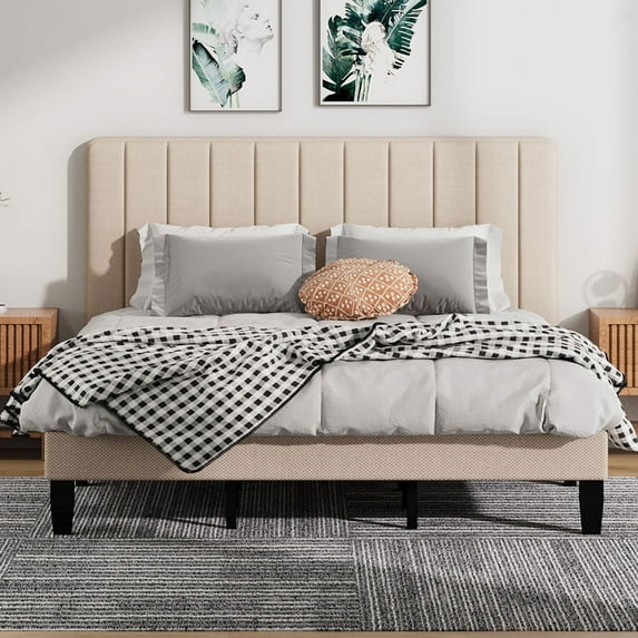 Jarenie King Size Bed Frame with Fabric Upholstered Platform Bed and Wooden Slats Support, Adjustable Height Headboard/No Box Spring Needed/Easy Assembly/Mattress Foundation