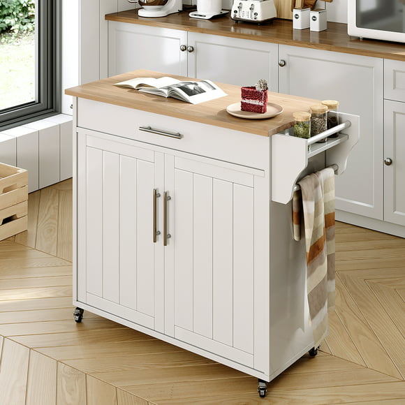 Jarenie Kitchen Storage Island,Rolling Kitchen Island on Wheels with Wood Top, Portable Kitchen Island Cart with Towel Rack,Spice Rack and Drawers,White