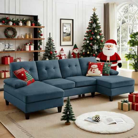 Jarenie Linen 4 Seater U Shaped Sectional Sofa, Blue