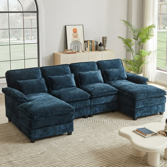 112'' Convertible Sectional Sofa Couch, 4 Seater L Shaped with Reversible Chaise, Modern Microfiber Couches for Living Room, Dark Blue