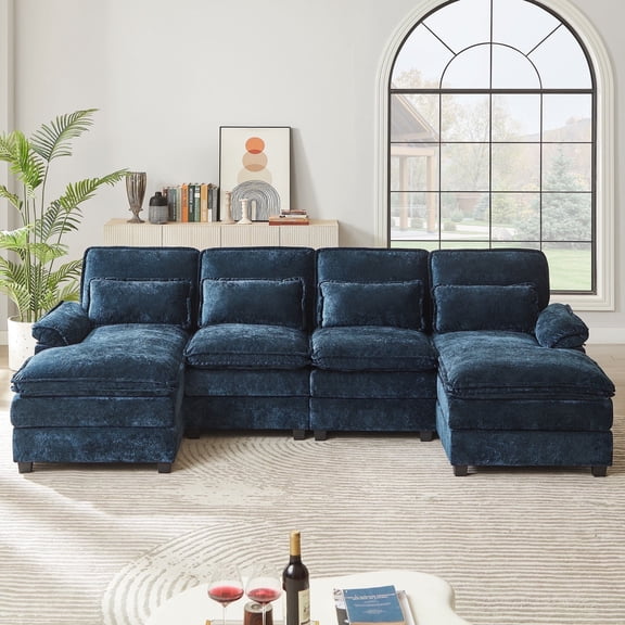 Jarenie L-Shaped Corner Microfiber Couch Sectional Sofas, Dark Blue