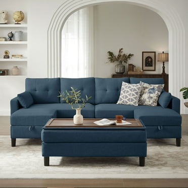 Chireca 101" Modern Sectional Sleeper Sofa Bed, U Shaped Couch with Storage Ottoman and Side Pockets, 4 Seater Sofa for Living Room Apartment, Blue