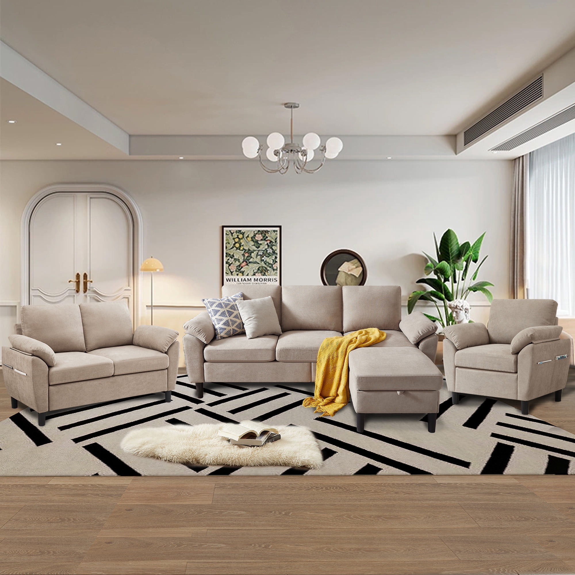 Jarenie Modern Fabric L-Shapped Sofa Sectional Couche for Living Room Convertible Sofa with Ottoman