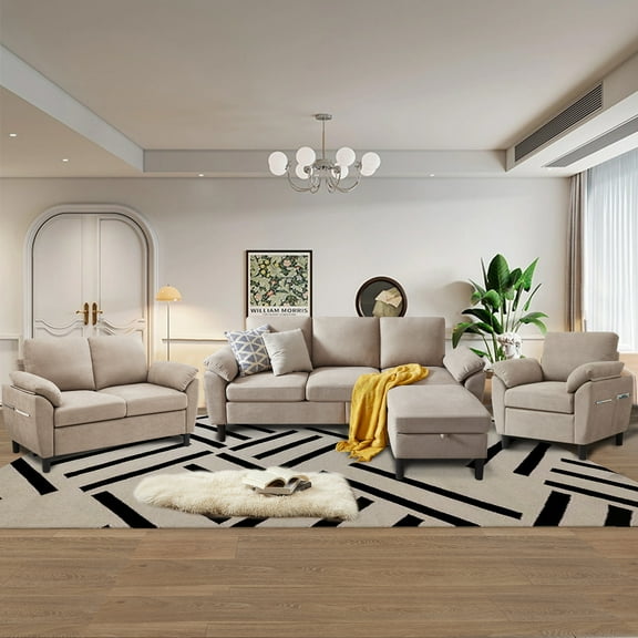 Jarenie Modern Fabric L-Shapped Sofa Sectional Couche for Living Room Convertible Sofa with Ottoman