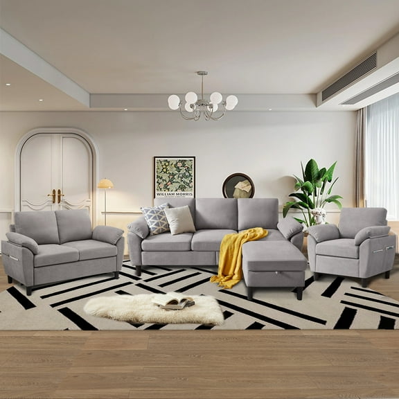 Jarenie Chireca 4 Piece Convertible Sectional Sofa Set, Modern Linen Small L Shaped Couch with Reversible Chaise, 3-Seater Sofa & Loveseat & Armchair for Living Room, Office, Apartment, Lightgrey