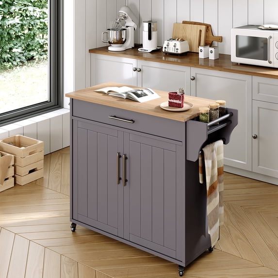 Jarenie Rolling Kitchen Cart with Deep Drawers, Towel Rack & 360° Swivel Casters, Wood Gray