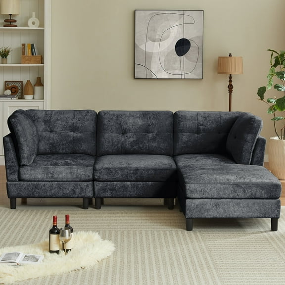 Jarenie Plush 4-Seat Sectional Sofa with Armrest and Ottoman, Dark Grey
