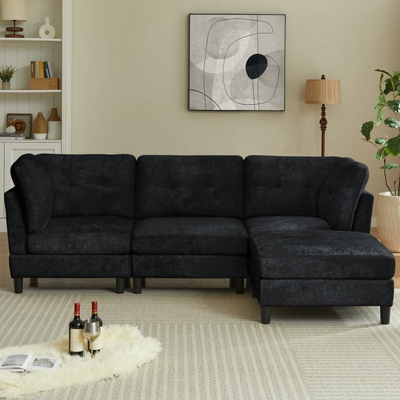 Jarenie Small Apartment Size Sectional Sofas with Chaise, Nailhead Four-Seat Convertible for Living Room