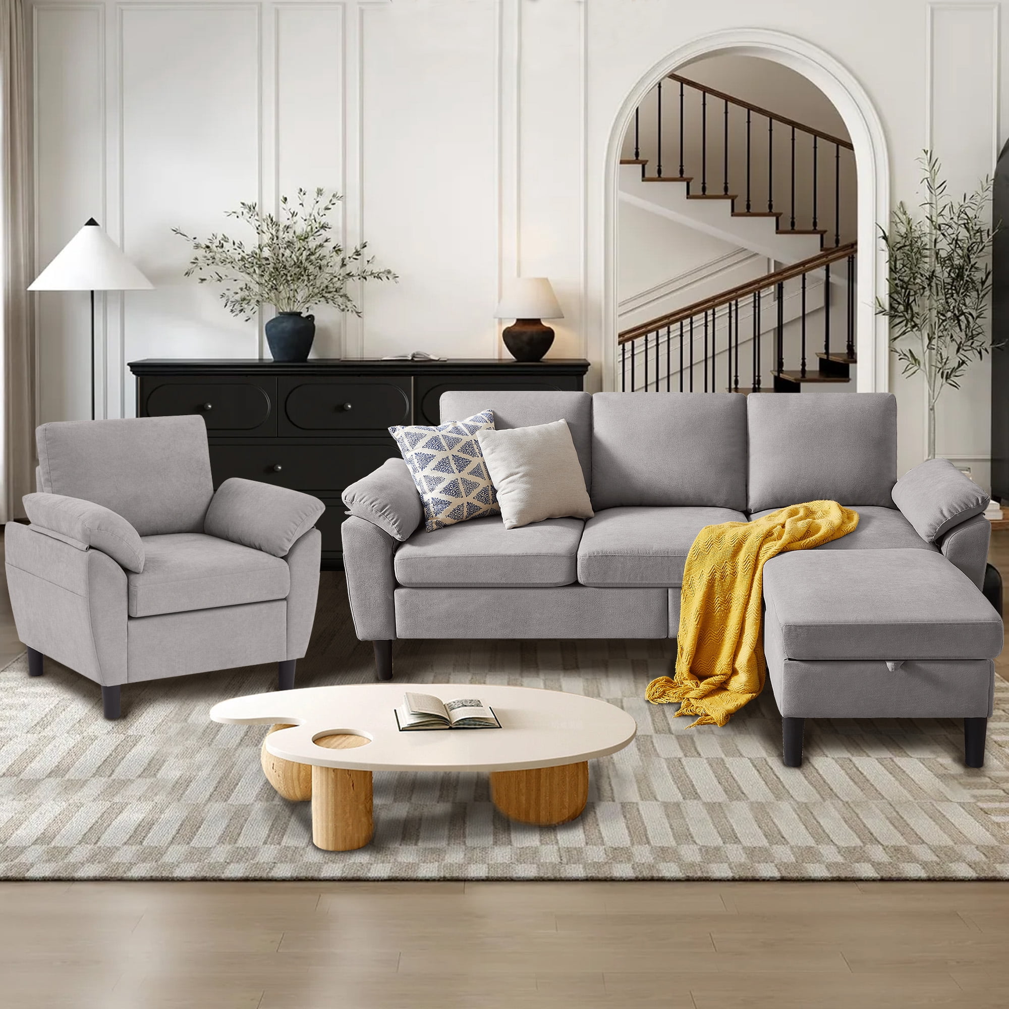 Jarenie Linen Convertible L Shaped Sectional Sofa with Accent Chair, Lightgrey