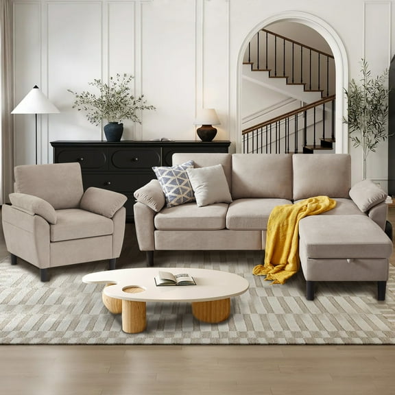 JarenieTornama Linen Convertible L Shaped Sectional Sofa with Accent Chair, Beige