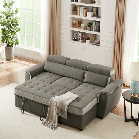 Jarenie Pull-Out Sleeper Sofa, Faux Leather Sectional Sofa Bed, Modern Tufted L Shaped Conversible Sleeper Couch with Storage Chaise for Living Room