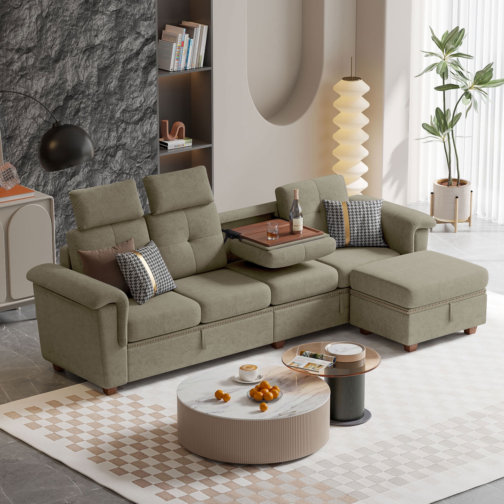Jarenie Sectional Sofa, High Back Sectional Couch with Ottoman, Storage bag  Storage ottoman, L-shaped Sofa with Extra Headrests, 4-Seat Convertible Sofa  for Living Room, apartment, Light Gray. 