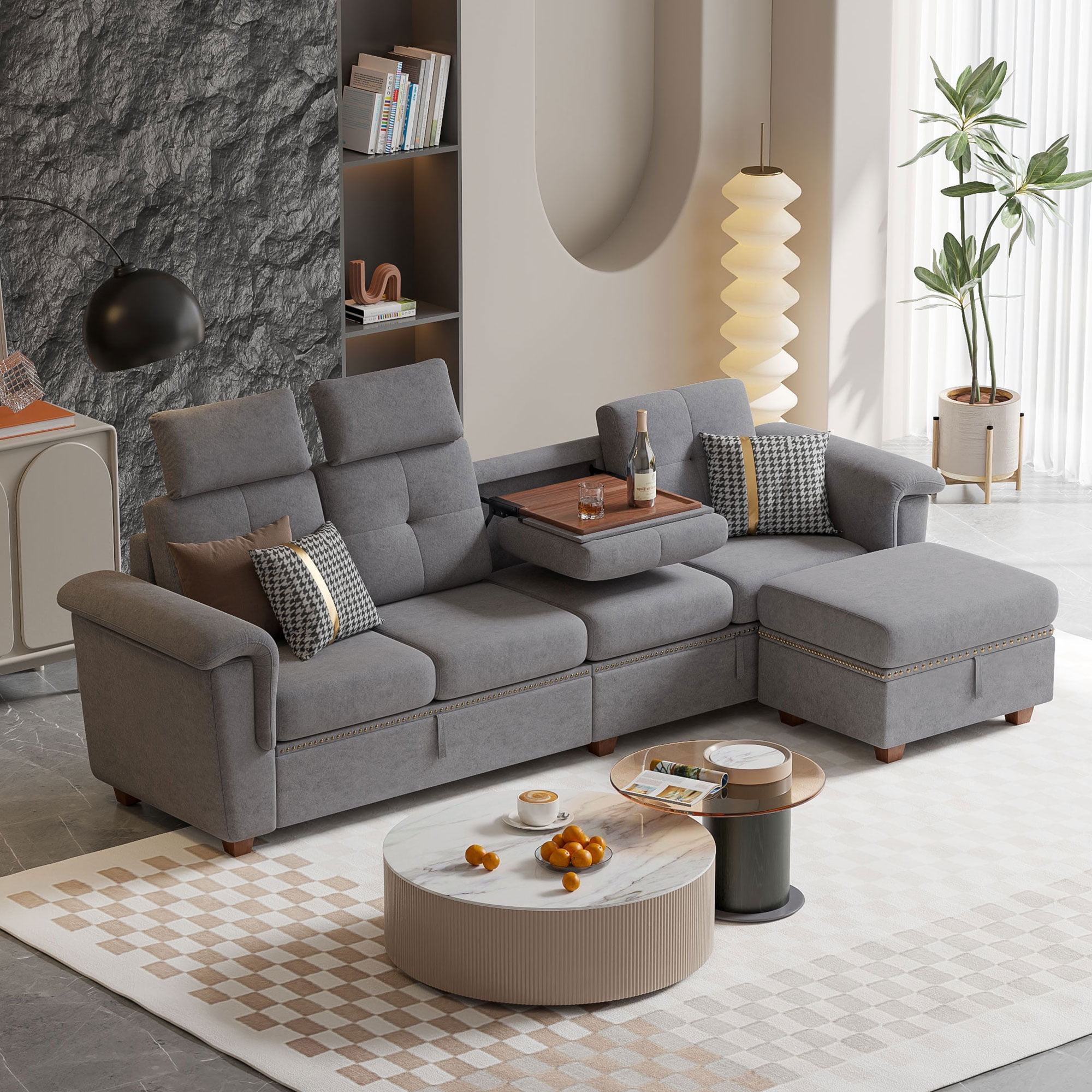 Convertible Sectional Sofa with Storage 4 Seat L Shaped Couch with Chaise and Cup Holder Modern Microfiber Fabric Sofas Couches for Living Room