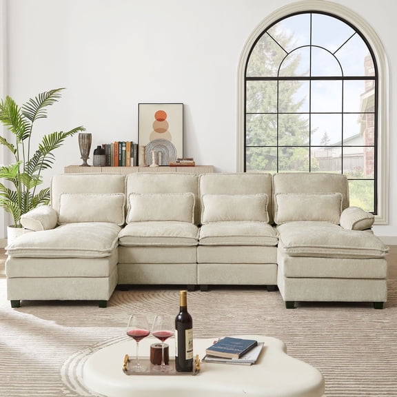 Jarenie Modern Fabric U-Shapped Sofa Sectional Couche for Living Room Convertible Sofa with Ottoman Beige