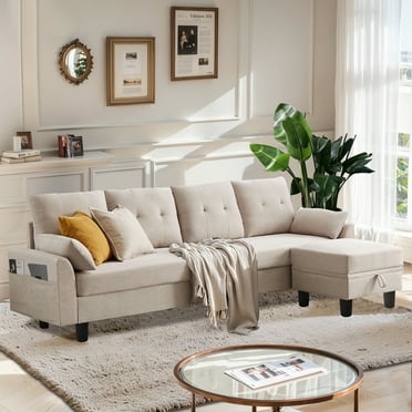 Jarenie Versatile 4-Seat L-Shaped Sectional Sofa with Reversible Storage Ottoman & Side Pockets – Perfect for Living Room, Office, or Apartment Beige