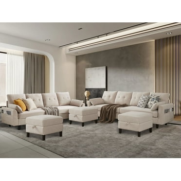 Jarenie Versatile 4-Seat L-Shaped Sectional Sofa with Reversible Storage Ottoman & Side Pockets – Perfect for Living Room, Office, or Apartment Beige
