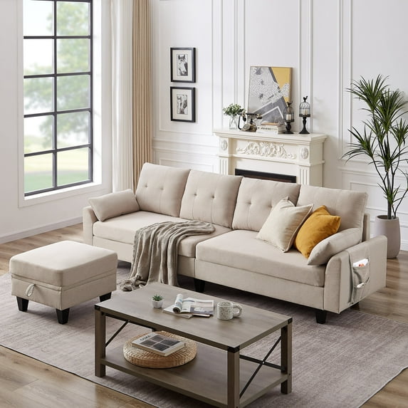 Jarenie Versatile 4-Seat L-Shaped Sectional Sofa with Reversible Storage Ottoman & Side Pockets – Perfect for Living Room, Office, or Apartment Beige