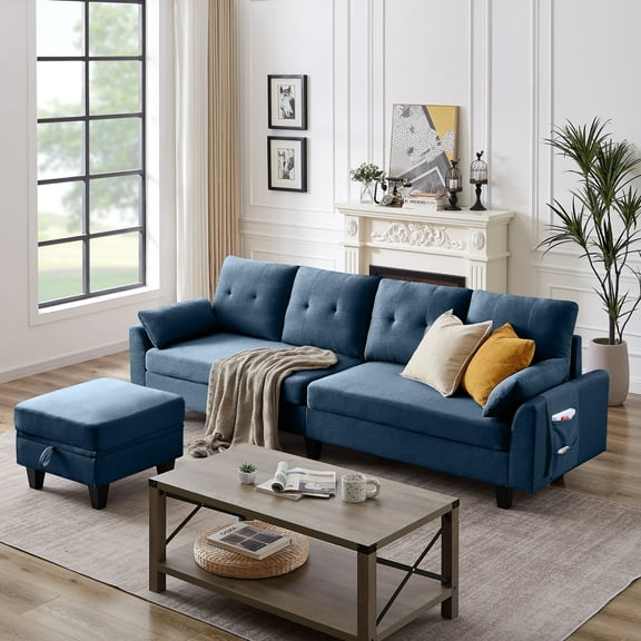 Jarenie Versatile 4-Seat L-Shaped Sectional Sofa with Reversible Storage Ottoman & Side Pockets – Perfect for Living Room, Office, or Apartment Blue