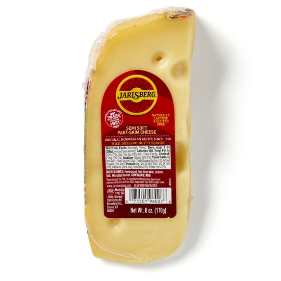 Jarlsberg Wedge 6oz. EW, Semi-Soft Norwegian Style Swiss Cheese, Sealed Fresh in a Plastic Wrap