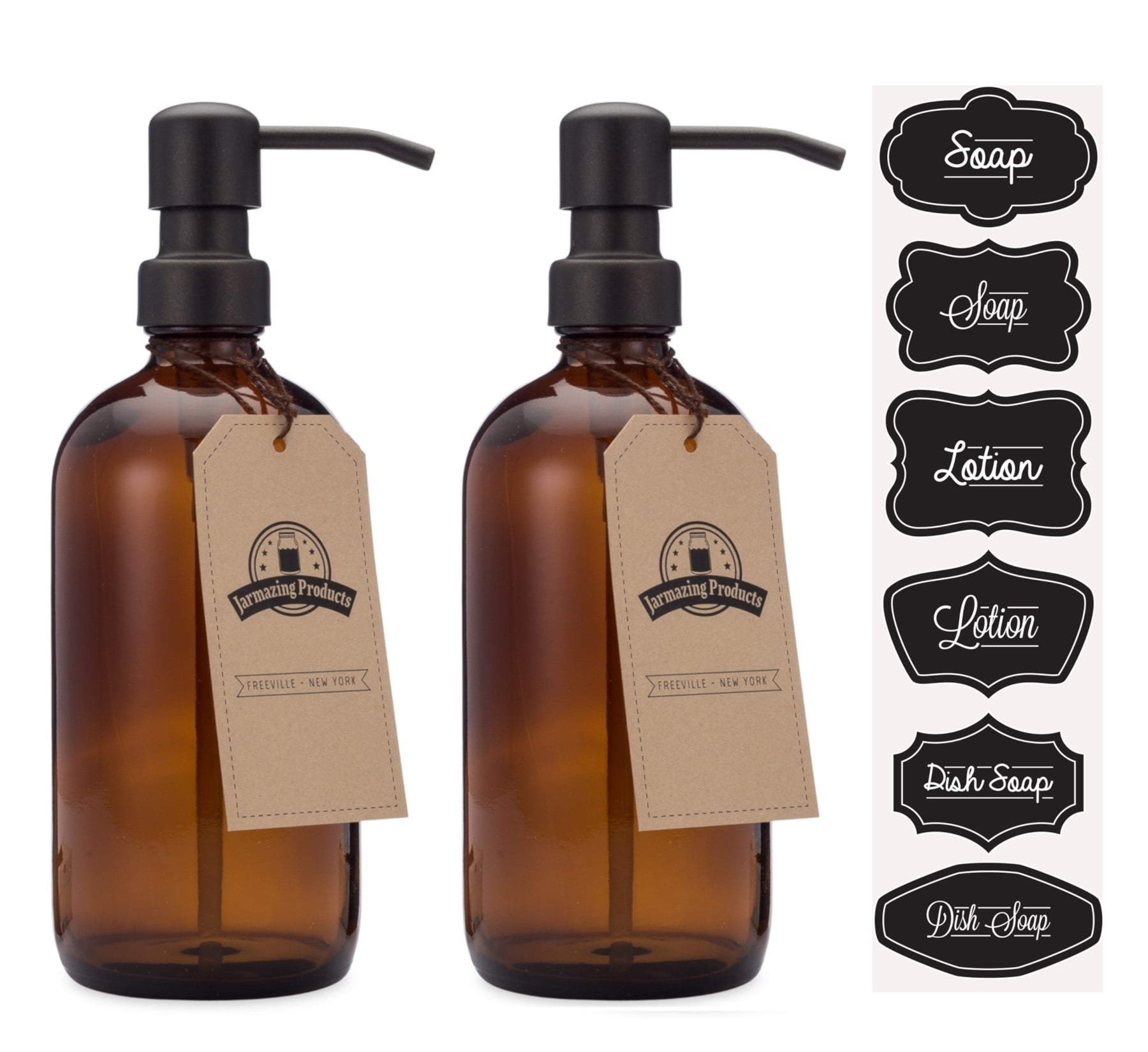 Jarmazing Products Amber Glass Jar Soap and Lotion Dispenser - 2 Pack - with Matte Black Pump - 16 oz