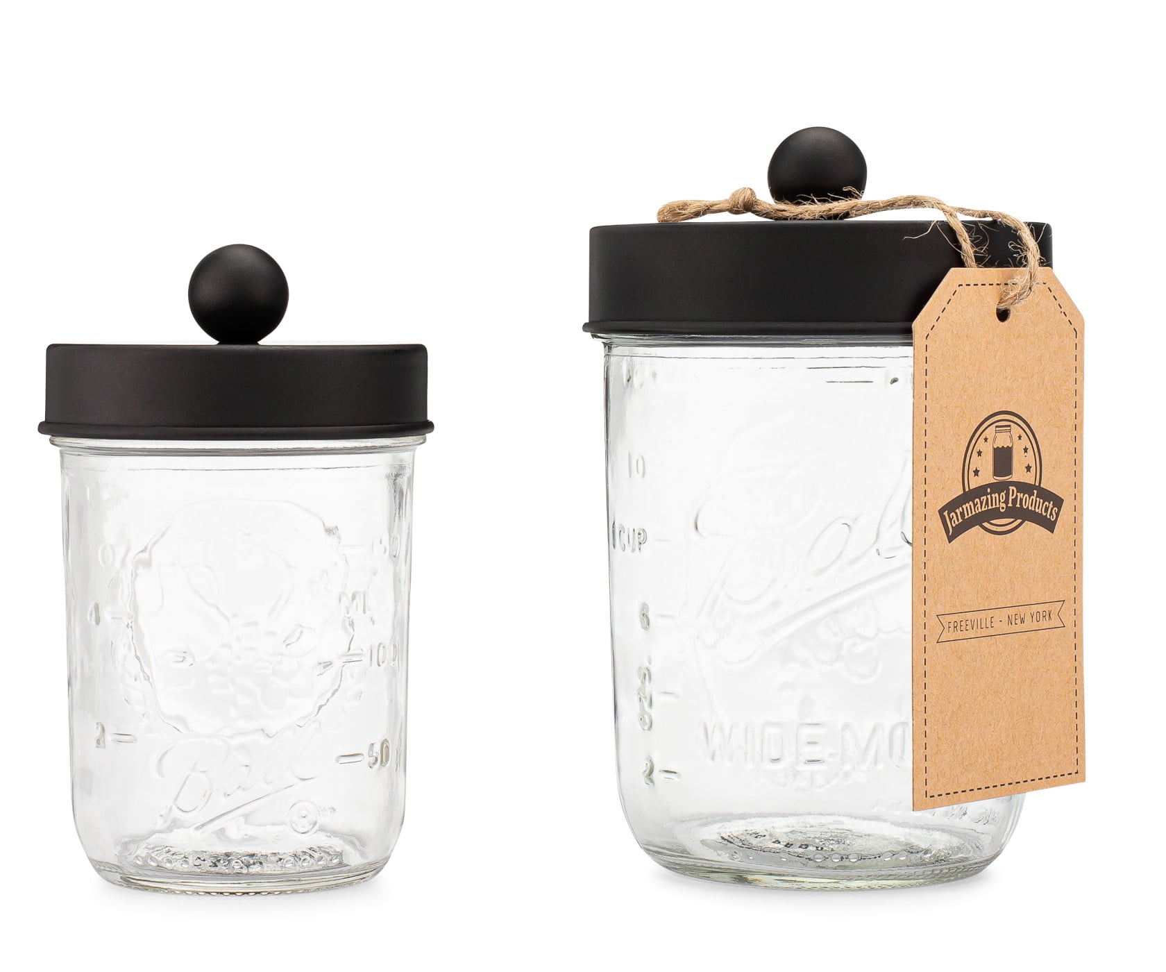 Apothecary Lid Storage Set with Ball Mason Jars - Farmhouse Home Decor for Vanity Organization - Luxury Bathroom, Kitchen and Office Accessories - Black - Two Pack