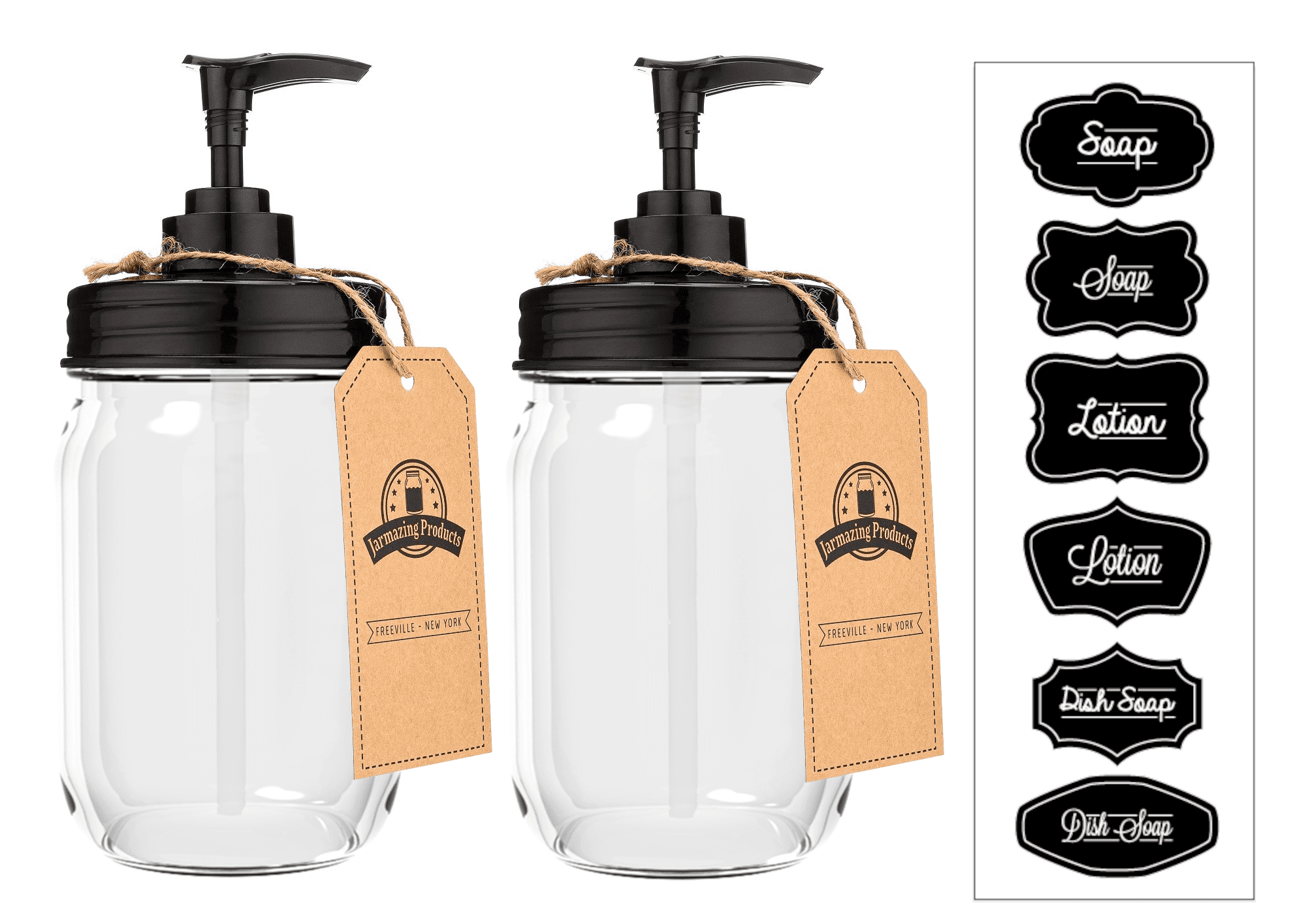 Jarmazing Products Black Mason Jar Soap Dispenser Jars - 2 pack - Rust proof plastic with Clear Glass Pint Jars