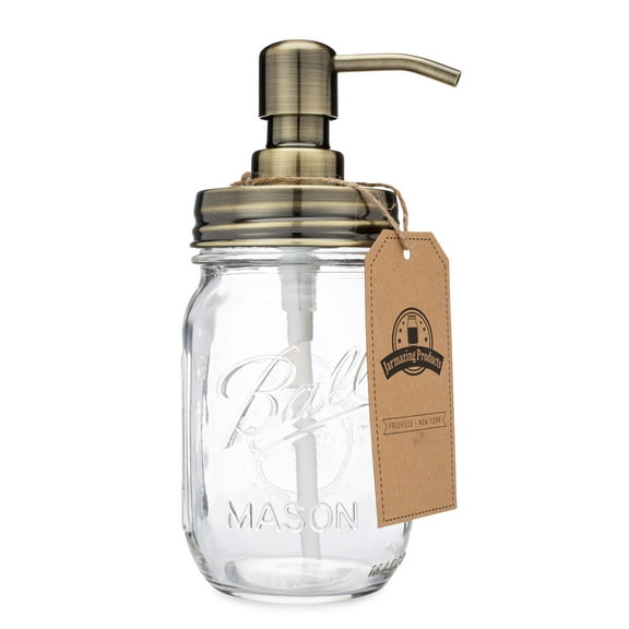 Jarmazing Products Classic Farmhouse Mason Jar Soap Dispenser - Brass - With 16 Ounce Ball Mason Jar