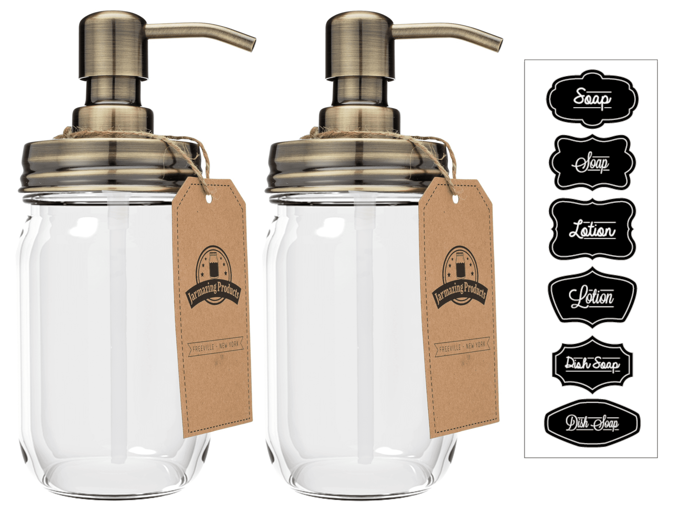 Jarmazing Products Mason Jar Soap Dispenser - Brass - With 16 Ounce Clear Mason Jar - Two Pack