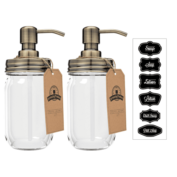 Jarmazing Products Mason Jar Soap Dispenser - Brass - With 16 Ounce Clear Mason Jar - Two Pack