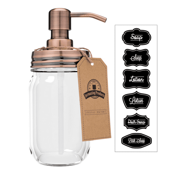 Jarmazing Products Mason Jar Soap Dispenser - Copper - With 16 Ounce Clear Mason Jar - Made from Rust Proof Stainless Steel