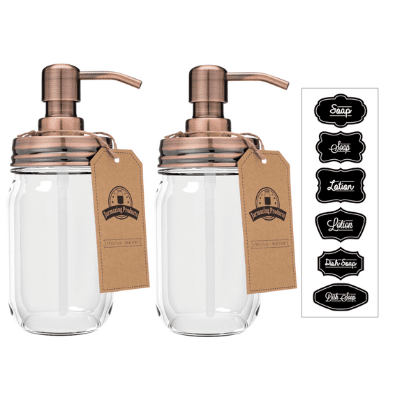 Jarmazing Products Mason Jar Soap Dispenser - Copper - With 16 Ounce Clear Mason Jar - Two Pack