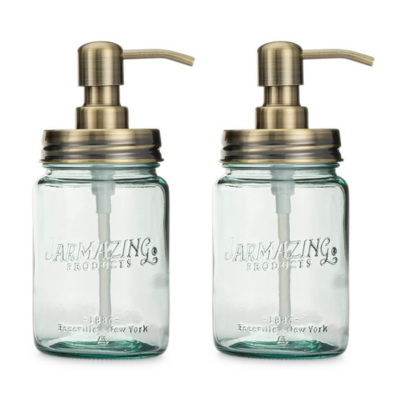Jarmazing Products Vintage Blue Glass Mason Jar Soap and Lotion Dispenser - Two-Pack - Brass