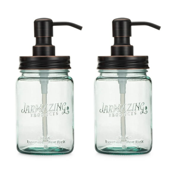 Jarmazing Products Vintage Blue Glass Mason Jar Soap and Lotion Dispenser - Two-Pack - Oil-Rubbed Bronze
