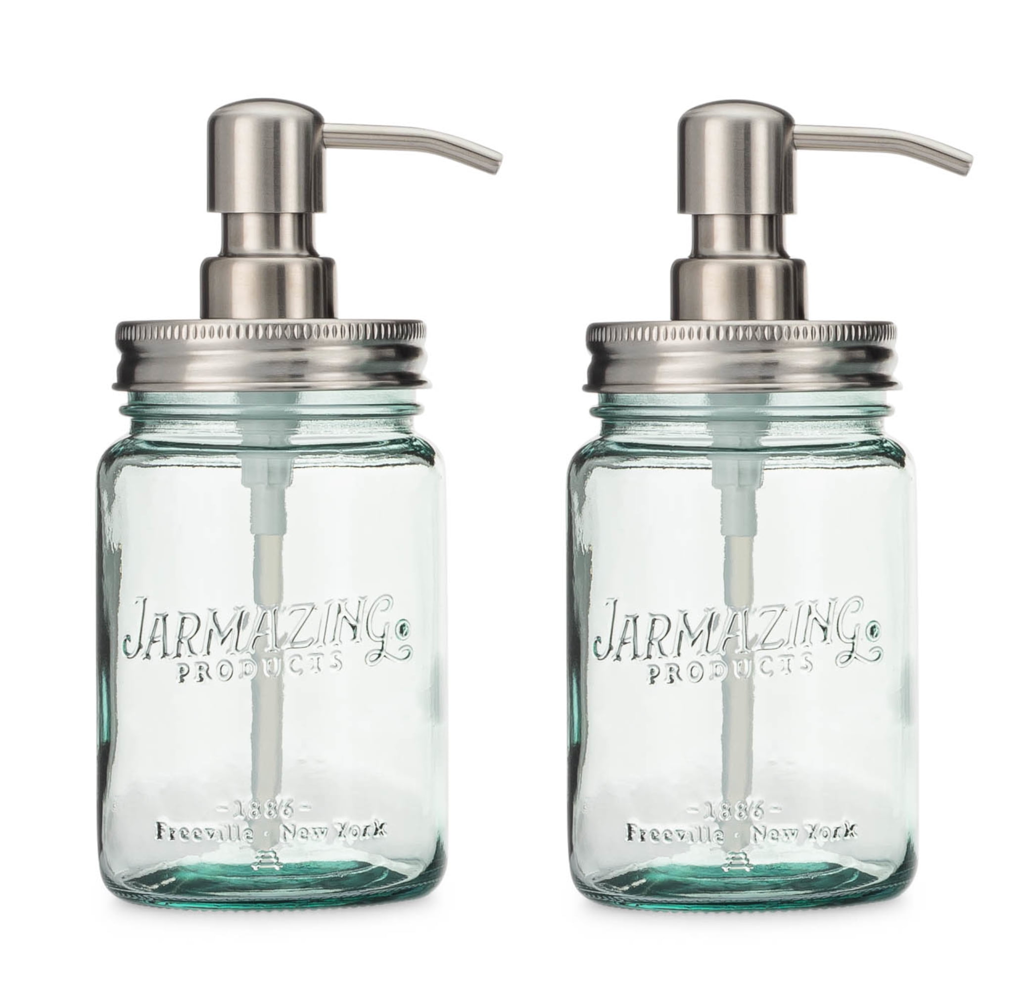 Jarmazing Products Vintage Blue Glass Mason Jar Soap and Lotion Dispenser - Two-Pack - Stainless Steel