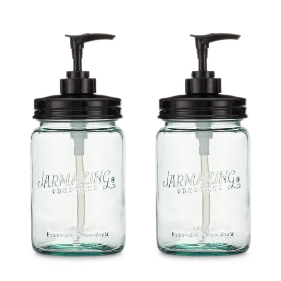 Jarmazing Products Vintage Blue Glass Mason Jar with Plastic Soap and Lotion Dispenser Top - Two-Pack - Black