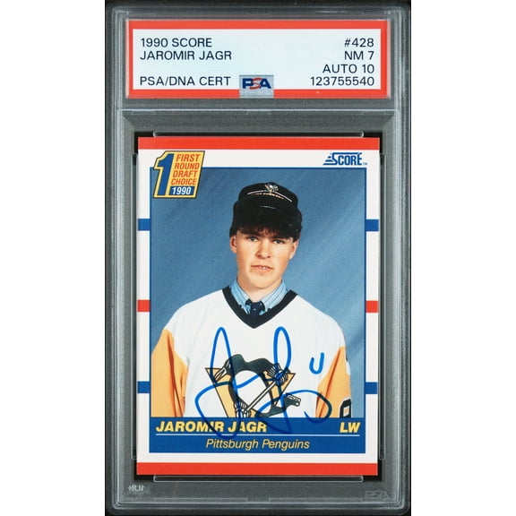 Jaromir Jagr 1990 Score Signed Hockey Rookie Card #428 Graded PSA 7 Auto 10 Cert # 123755540