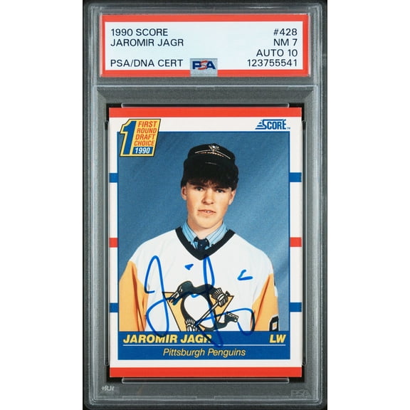 Jaromir Jagr 1990 Score Signed Hockey Rookie Card #428 Graded PSA 7 Auto 10 Cert # 123755541