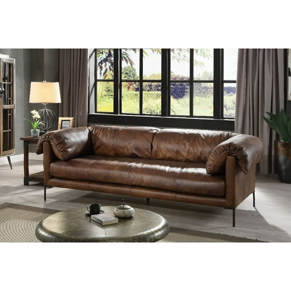 Jaron's Mocha Top Grain Leather Sofa - Sturdy Wooden & Sleek Metal Frame