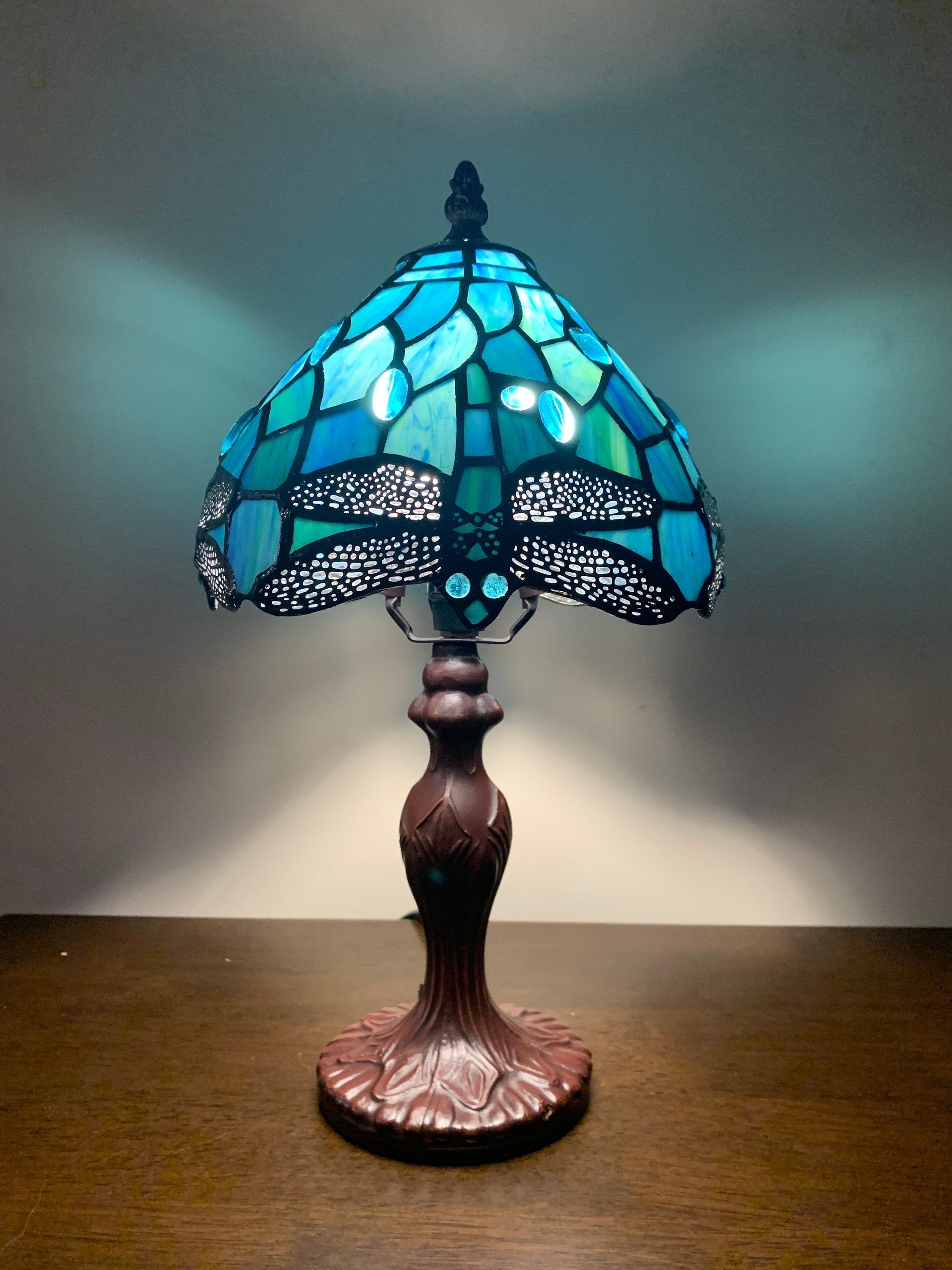 Jarri Lights Sea Blue Tiffany Lamp, Dragonfly Style Lamp, Stained Glass
