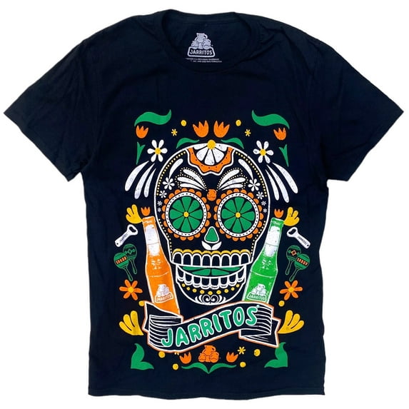 Jarritos Mexico Soft Drink Soda Men's Officially Licensed Graphic Print Tee T-Shirt (Small, Navy - Skull)