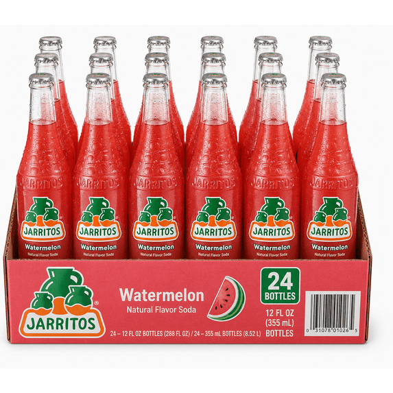 Jarritos Watermelon Soda Watermelon Flavored Soda Soft Drink, 12.5 fl oz Glass Bottles, 24 Pack