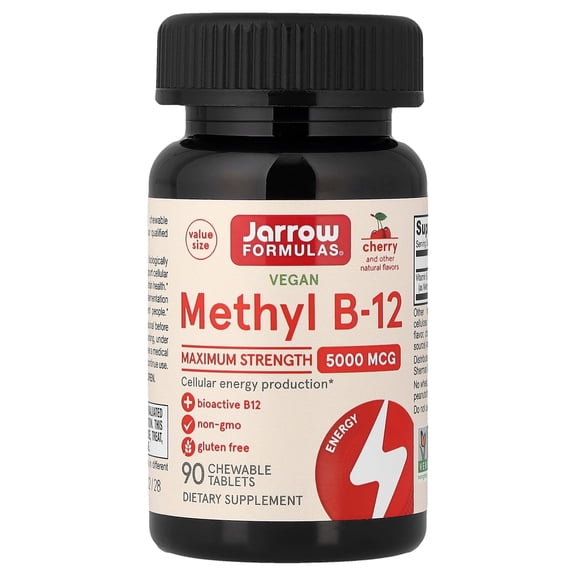 Jarrow Formulas Vegan Methyl B-12, Maximum Strength, Cherry, 5,000 mcg, 90 Chewable Tablets