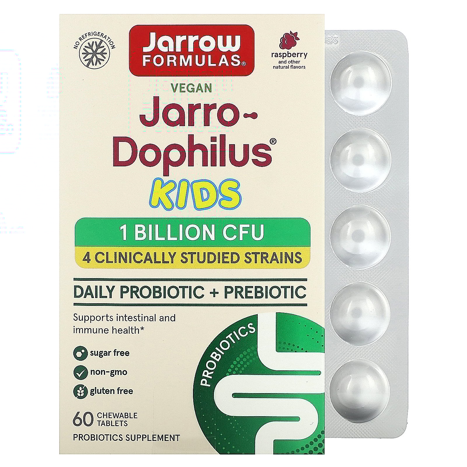Jarrow Formulas Vegan Jarro-Dophilus Kids, Daily Probiotic + Prebiotic, Raspberry, 60 Chewable Tablets (0.5 Billion CFU per Capsule)