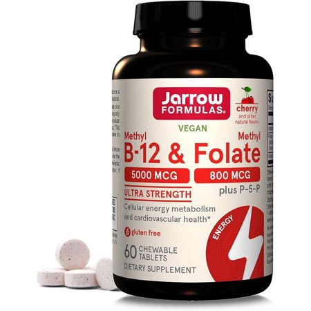 Jarrow Formulas Ultra Strength Methyl B-12 5000 mcg & Methyl Folate 800 mcg + P-5-P, Dietary Supplement for Cellular Energy Metabolism and Cardiovascular Support, 60 Chewable Tablets, 60 Day Supply