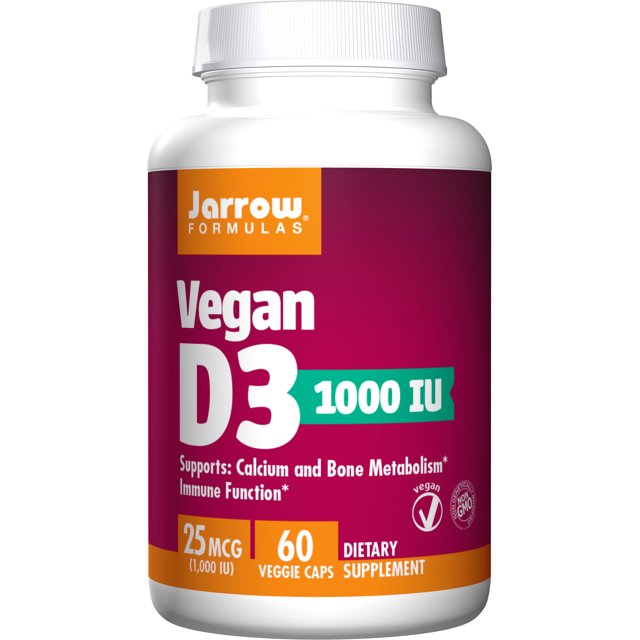 Jarrow Formulas Vegan Vitamin D3, 1000 IU, 60 Veggie Capsules. Pack of 1 Bottle