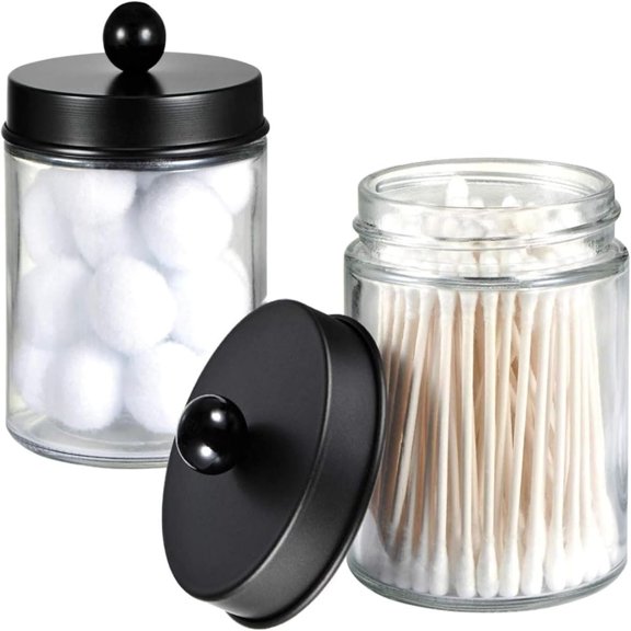 Jars Bathroom Storage Organizer - Cute Qtip Dispenser Holder Canister Jar Glass with Lid for Swabs,Rounds,Bath Salts,Makeup Sponges,Hair Accessories/Black(2 Pack)