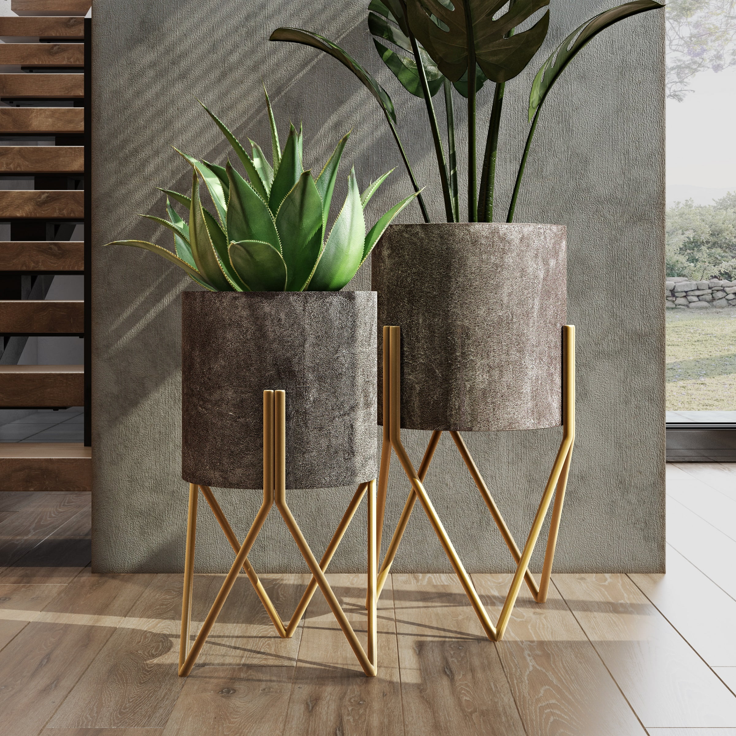 Jarvis Medium Gray and Gold Metal Indoor Planters Set