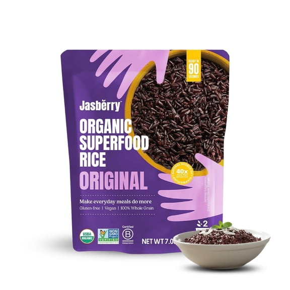 Jasberry Organic Superfood Rice Original 200g (Pack of 1), 100% Whole Grain Thai Rice, High Antioxidants. Ready to Eat, Instant Meal, No Added Sugar, USDA Organic, Non-GMO, Gluten-Free, Vegan